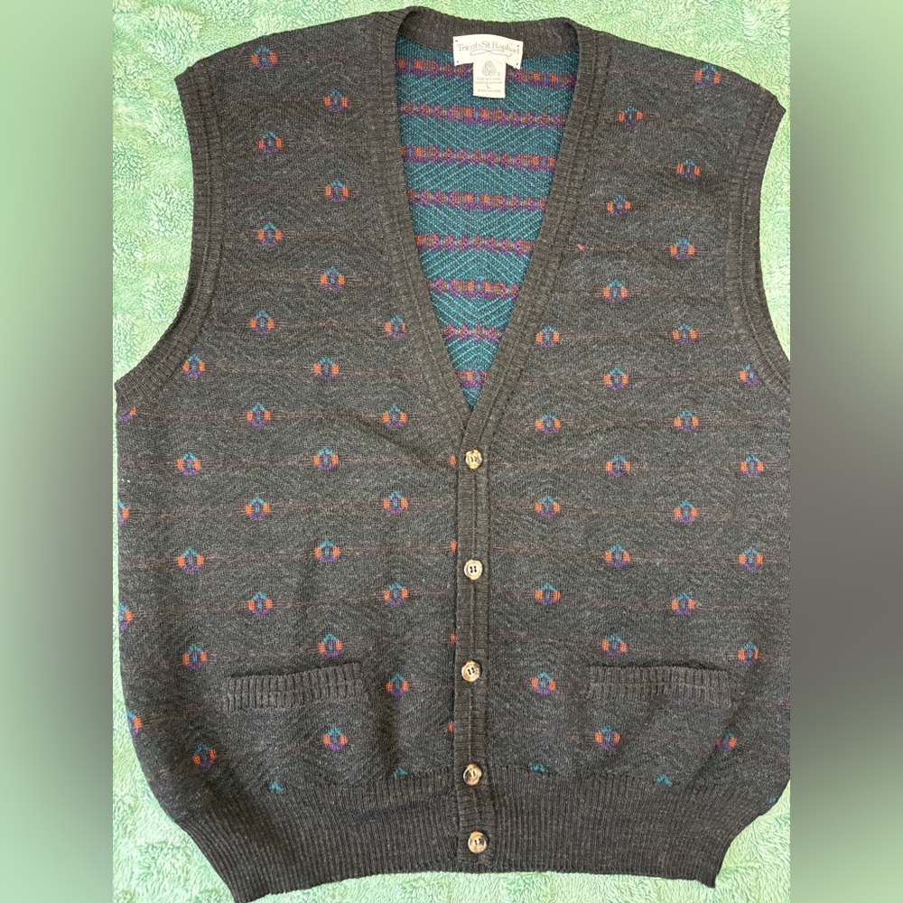 Vintage Pure New Wool Uruguay Knit Sweater Vest Colorful Grandpa Core L